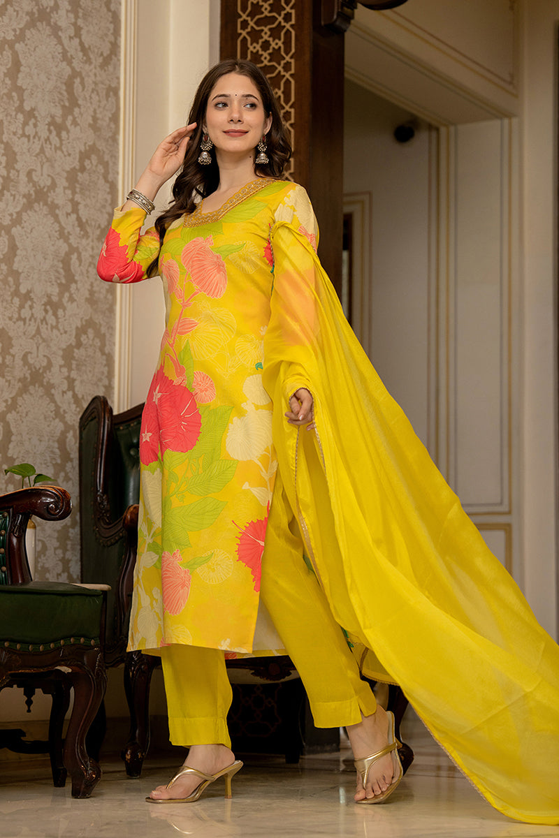 Yellow Rayon Blend Floral Printed Straight Trouser Bottom Suit Set PKSKD2425