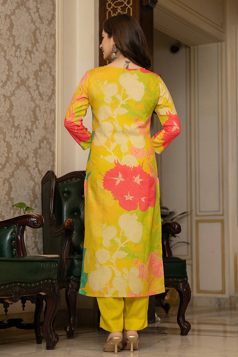 Yellow Rayon Blend Floral Printed Straight Trouser Bottom Suit Set PKSKD2425