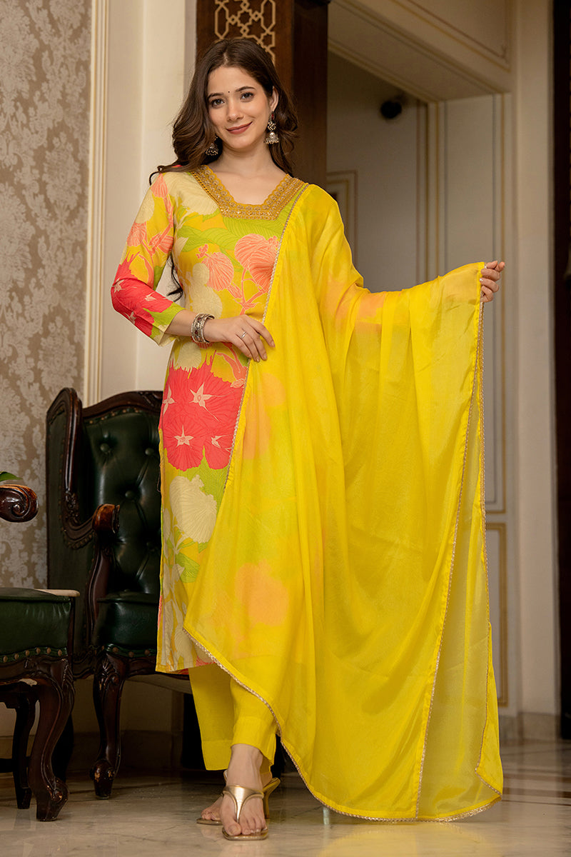 Yellow Rayon Blend Floral Printed Straight Trouser Bottom Suit Set PKSKD2425