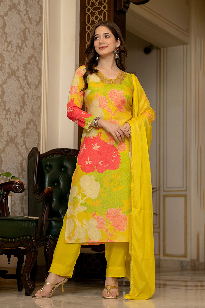 Yellow Rayon Blend Floral Printed Straight Trouser Bottom Suit Set PKSKD2425