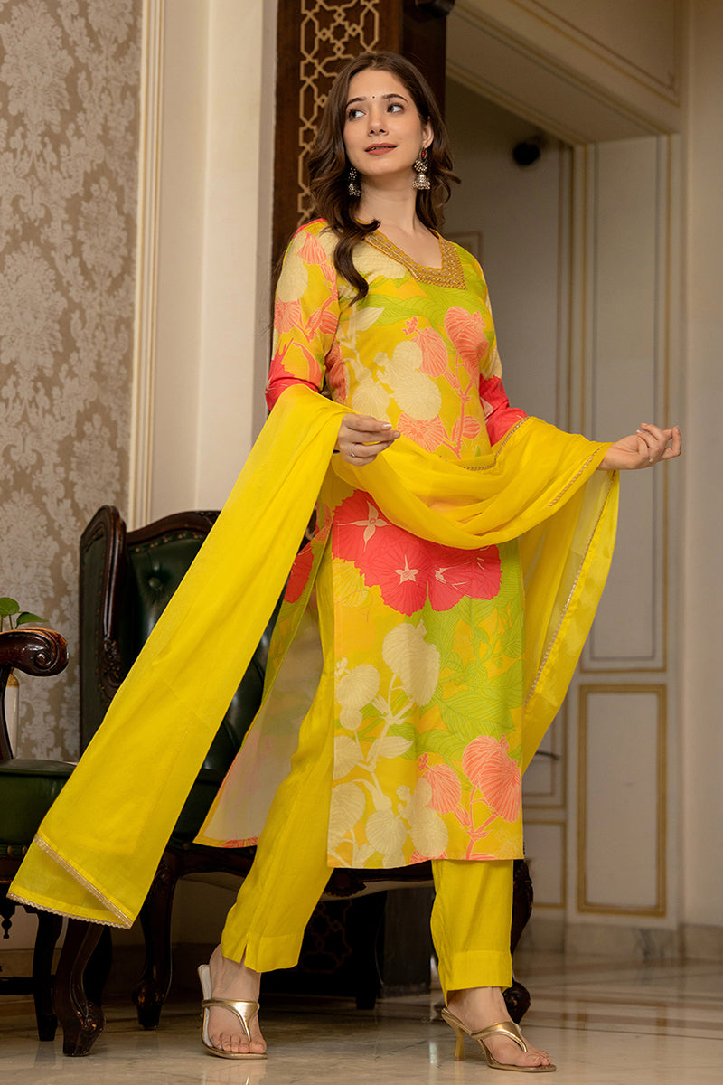 Yellow Rayon Blend Floral Printed Straight Trouser Bottom Suit Set PKSKD2425
