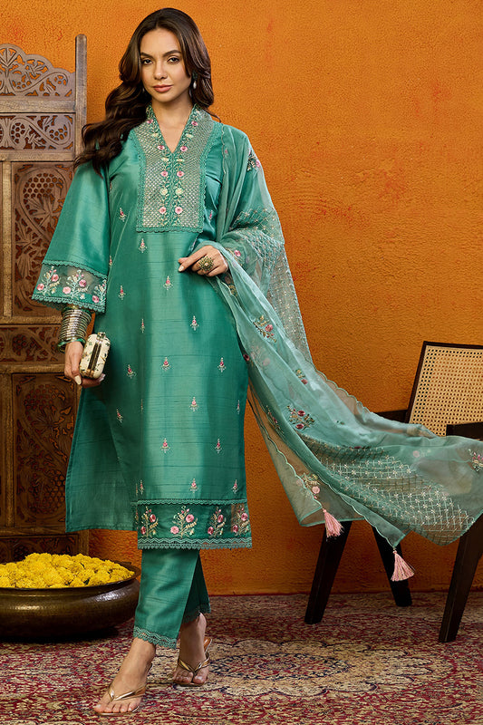 Teal Green Silk Blend Solid Embroidered Straight Suit Set PKSKD2427