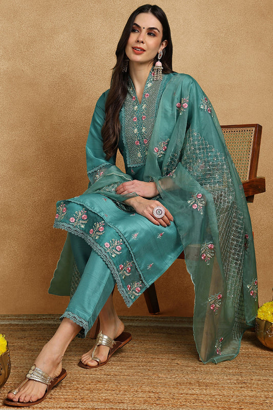 Teal Green Silk Blend Solid Embroidered Straight Suit Set PKSKD2427