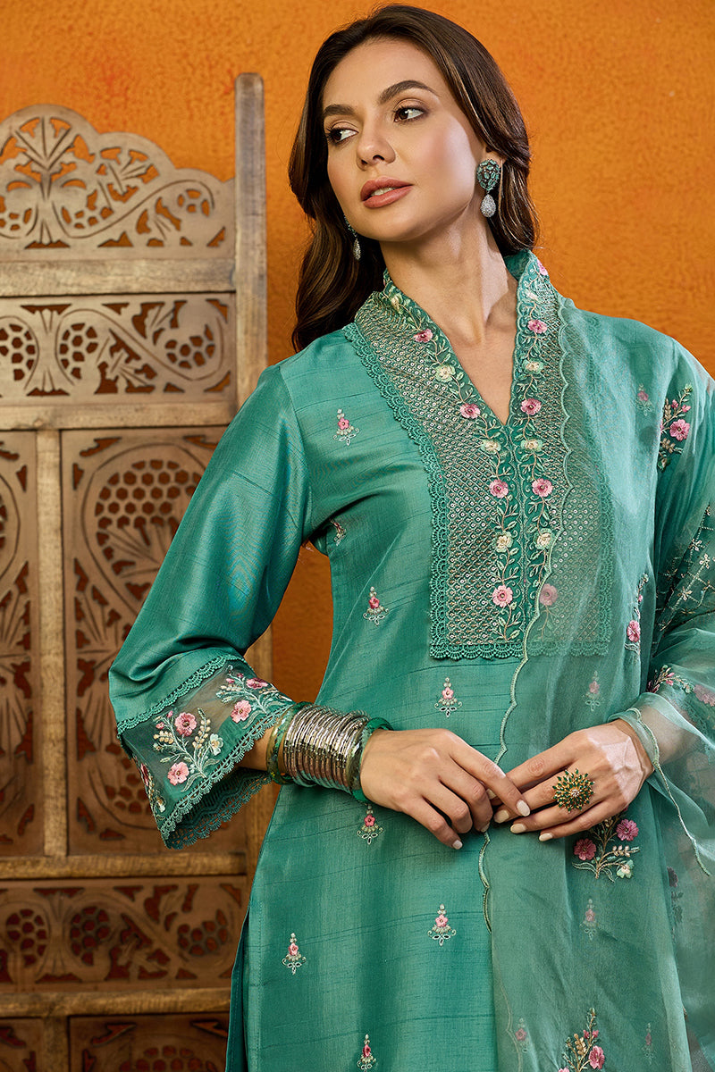 Teal Green Silk Blend Solid Embroidered Straight Suit Set PKSKD2427