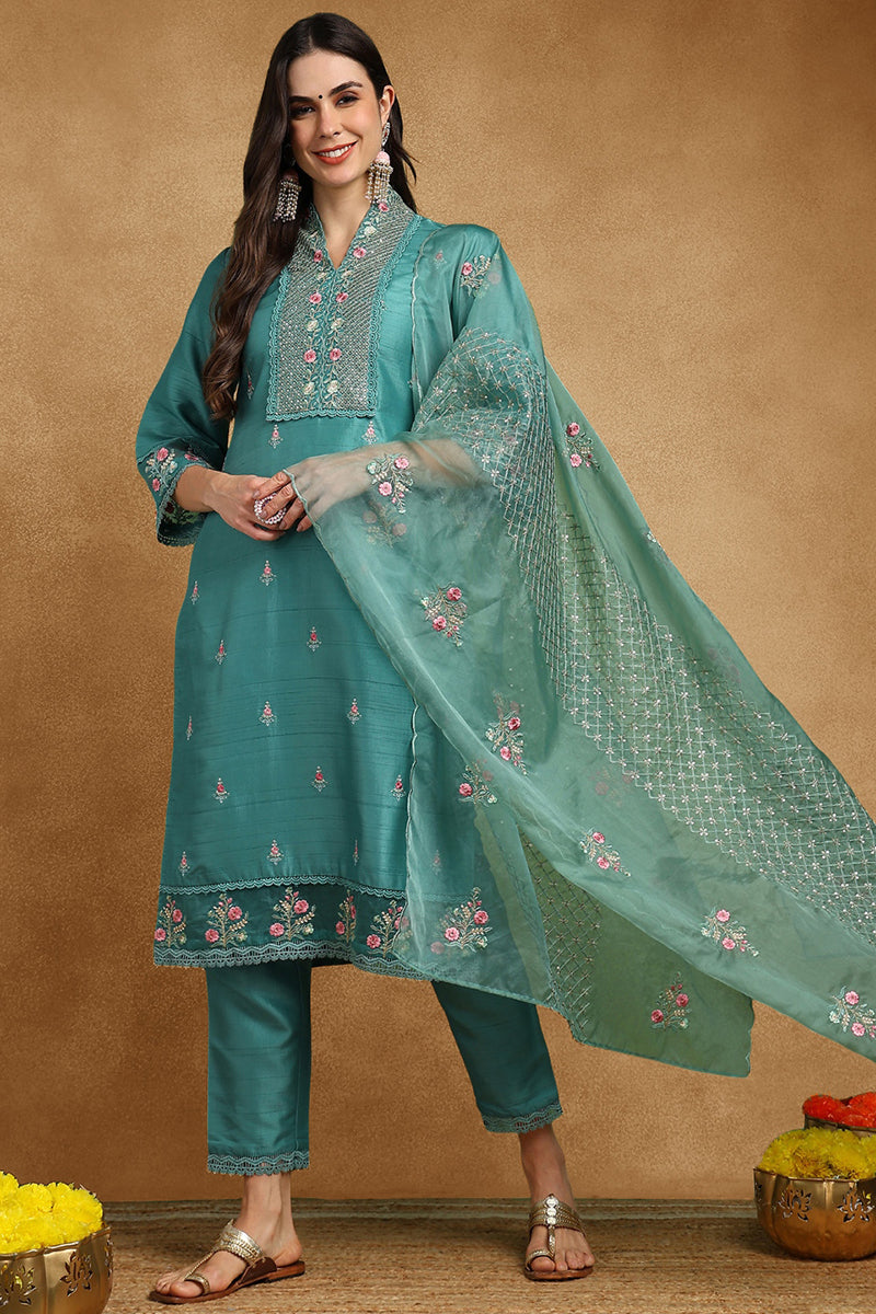 Teal Green Silk Blend Solid Embroidered Straight Suit Set PKSKD2427