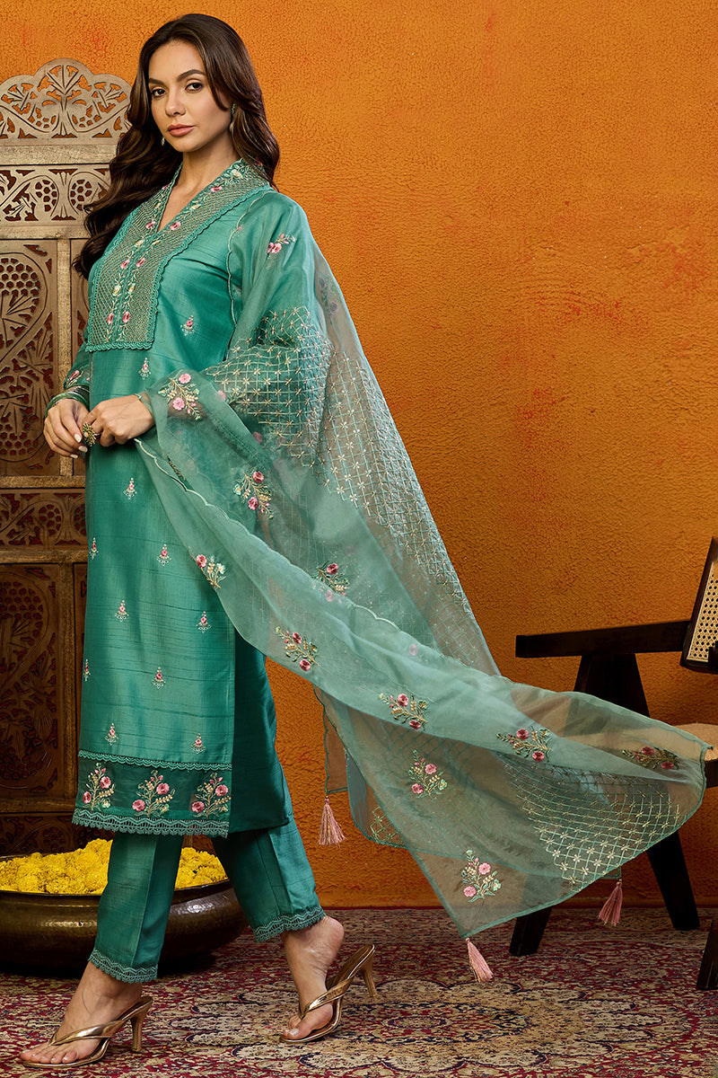 Teal Green Silk Blend Solid Embroidered Straight Suit Set PKSKD2427