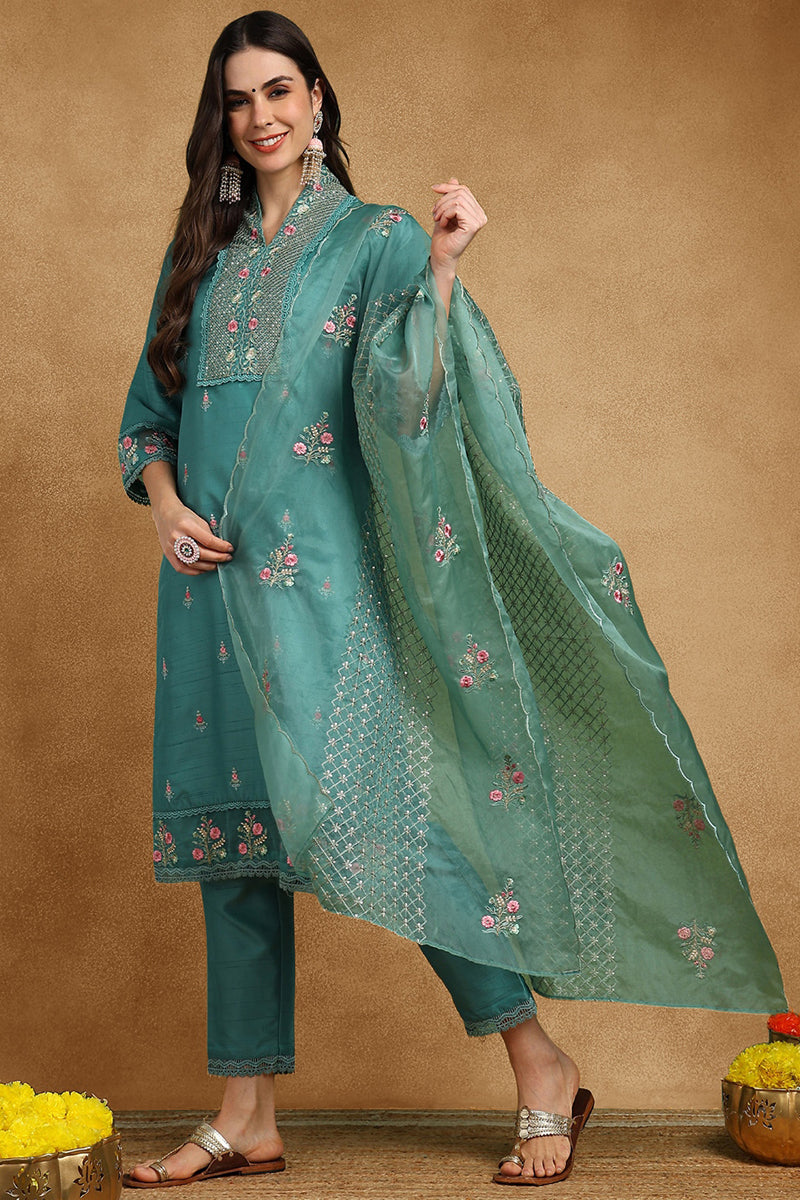 Teal Green Silk Blend Solid Embroidered Straight Suit Set PKSKD2427