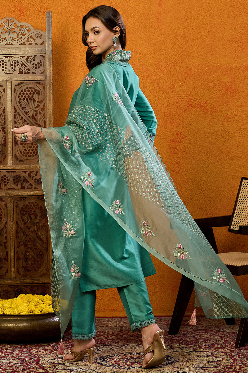 Teal Green Silk Blend Solid Embroidered Straight Suit Set PKSKD2427