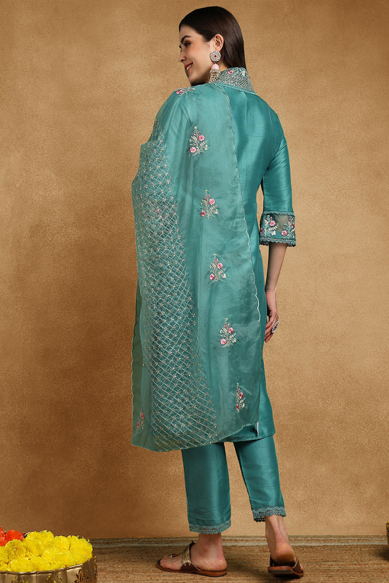 Teal Green Silk Blend Solid Embroidered Straight Suit Set PKSKD2427