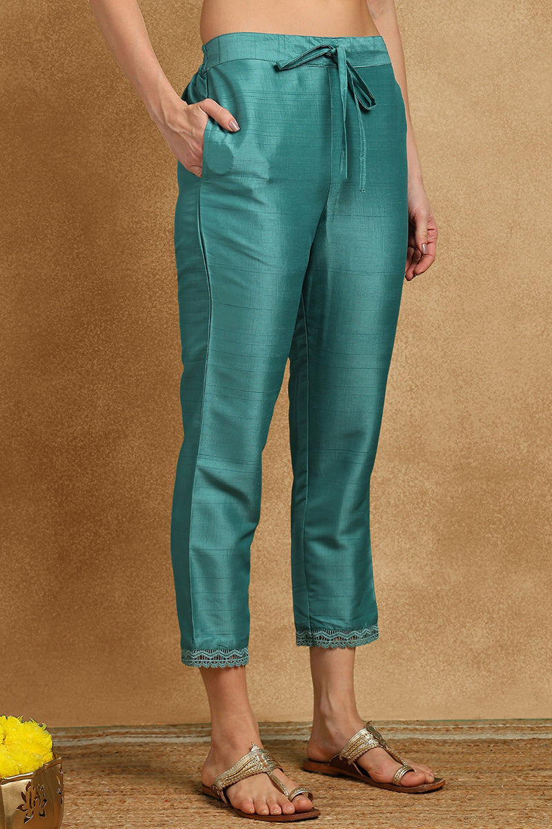 Teal Green Silk Blend Solid Embroidered Straight Suit Set PKSKD2427