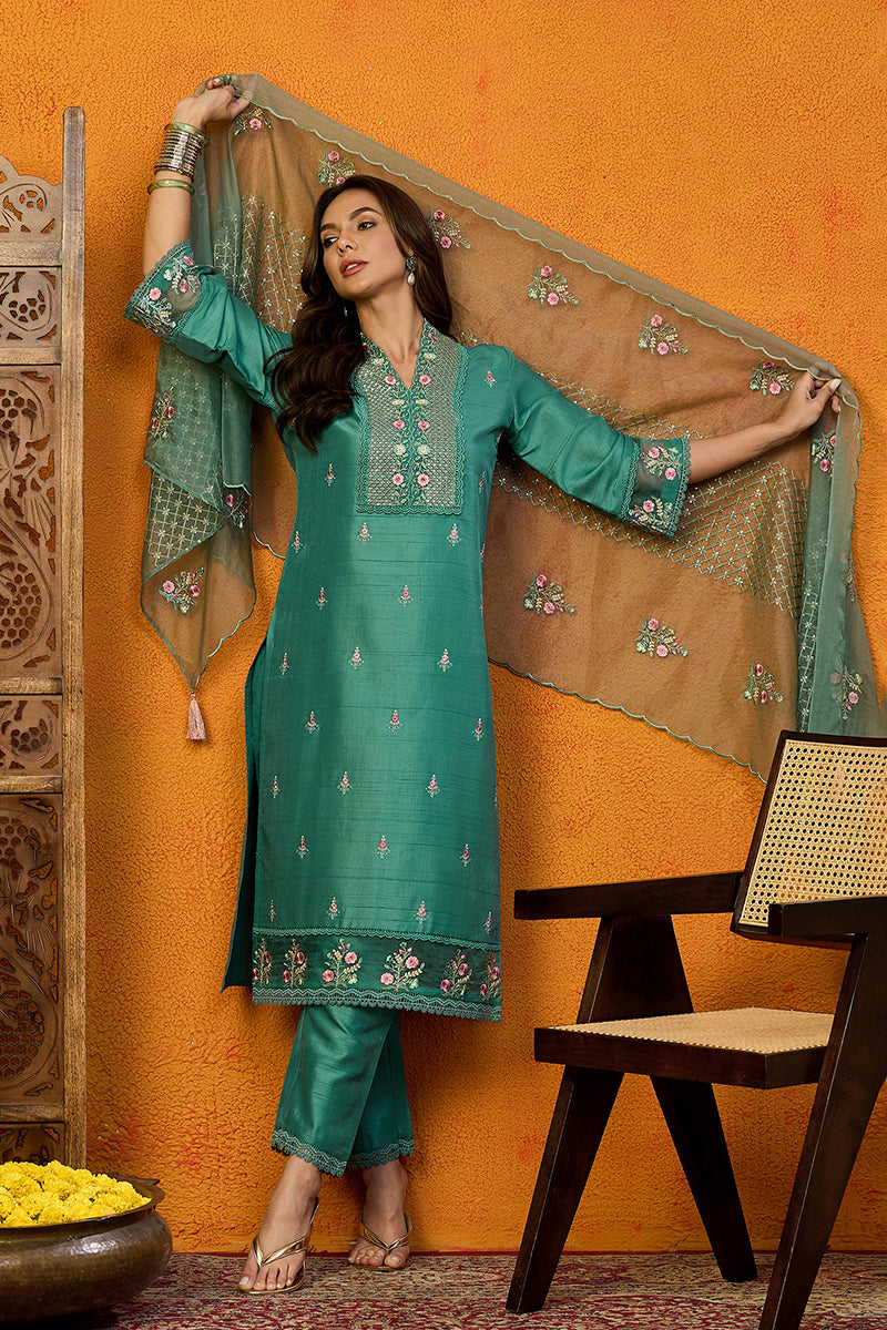 Teal Green Silk Blend Solid Embroidered Straight Suit Set PKSKD2427