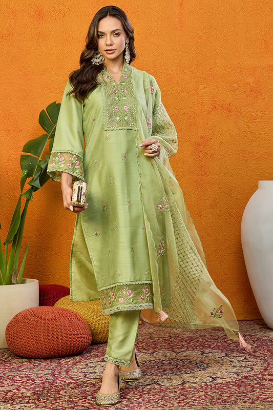 Green Silk Blend Solid Embroidered Straight Suit Set PKSKD2428