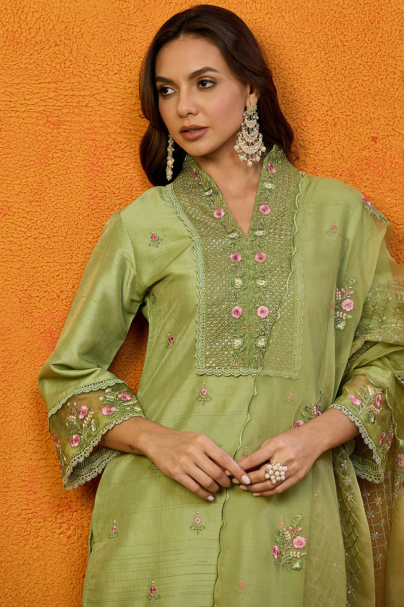 Green Silk Blend Solid Embroidered Straight Suit Set PKSKD2428