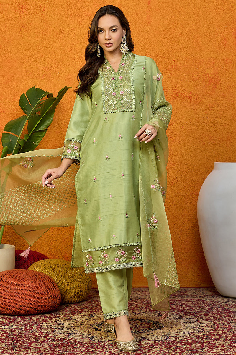 Green Silk Blend Solid Embroidered Straight Suit Set PKSKD2428