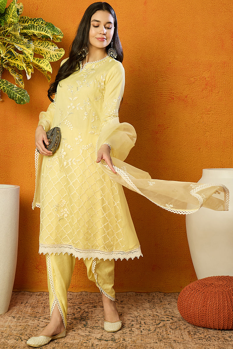 Yellow Organza Solid Embroidered A-Line Dhoti Bottom Suit Set PKSKD2433