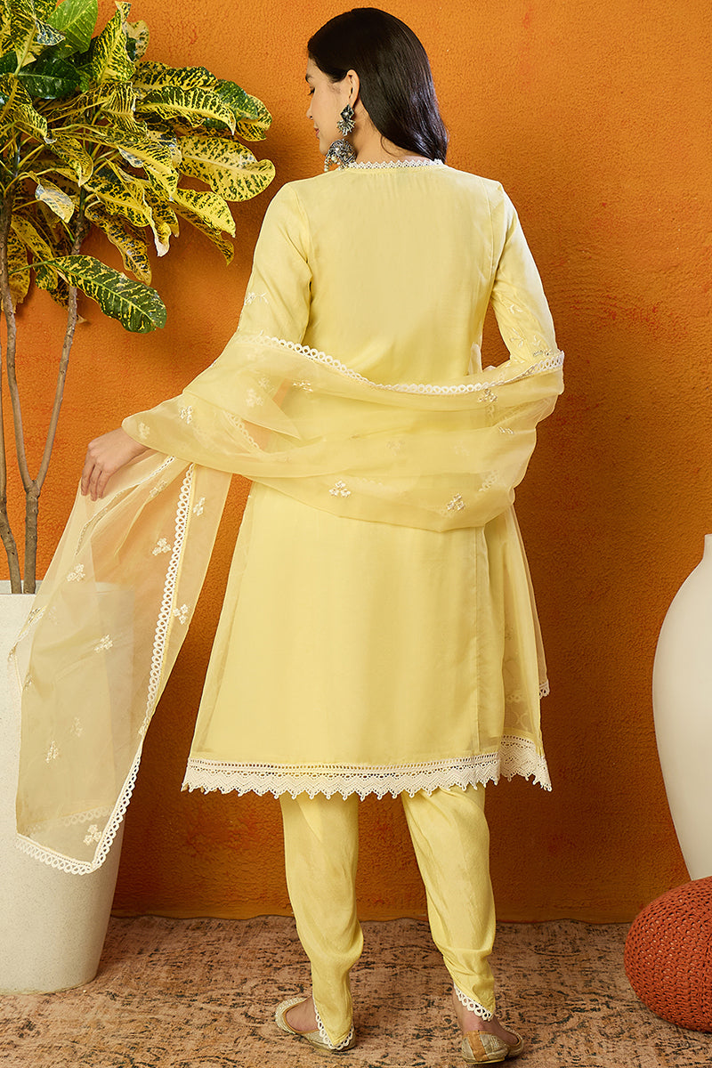 Yellow Organza Solid Embroidered A-Line Dhoti Bottom Suit Set PKSKD2433