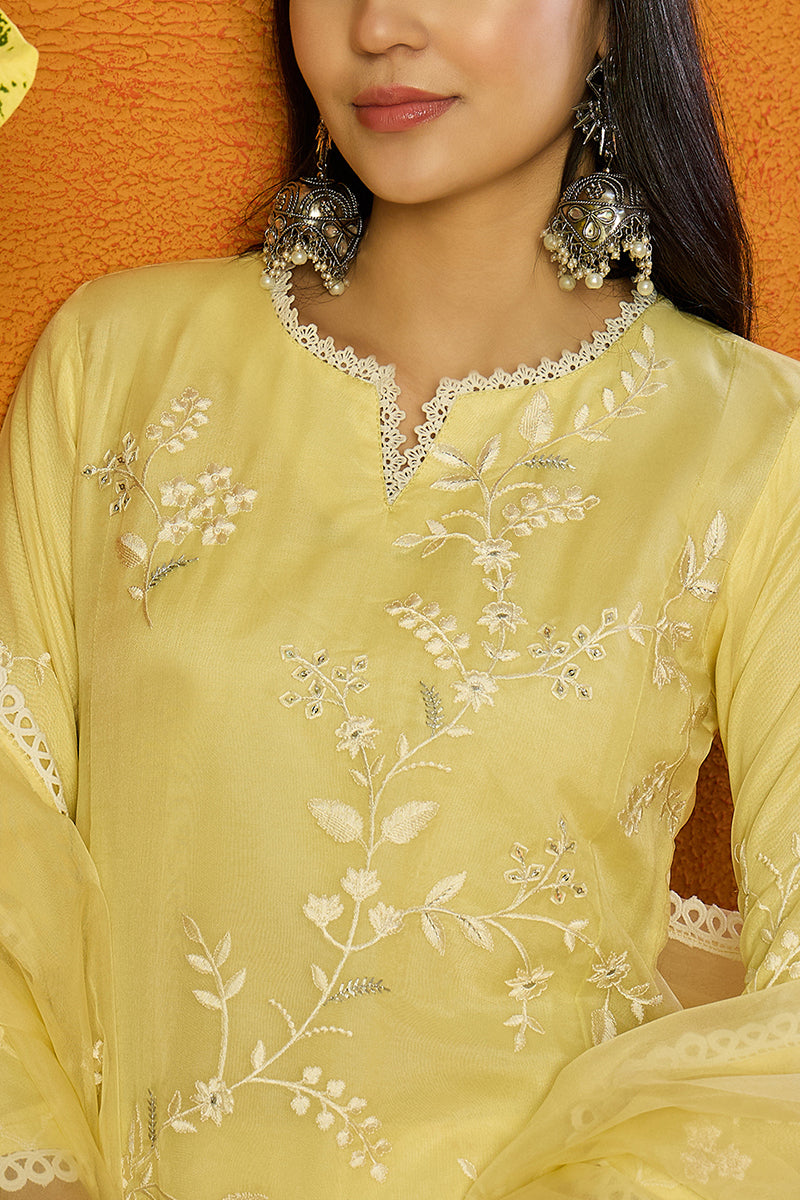 Yellow Organza Solid Embroidered A-Line Dhoti Bottom Suit Set PKSKD2433