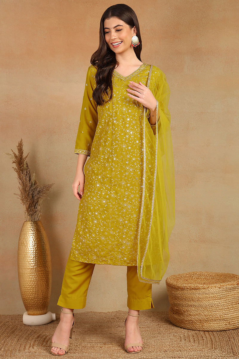 Mustard Yellow Silk Blend Solid Embroidered Straight Suit Set PKSKD2434