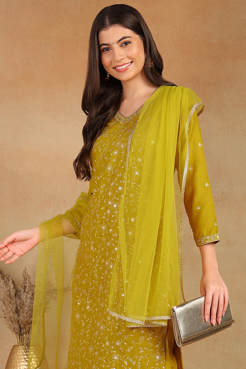 Mustard Yellow Silk Blend Solid Embroidered Straight Suit Set PKSKD2434