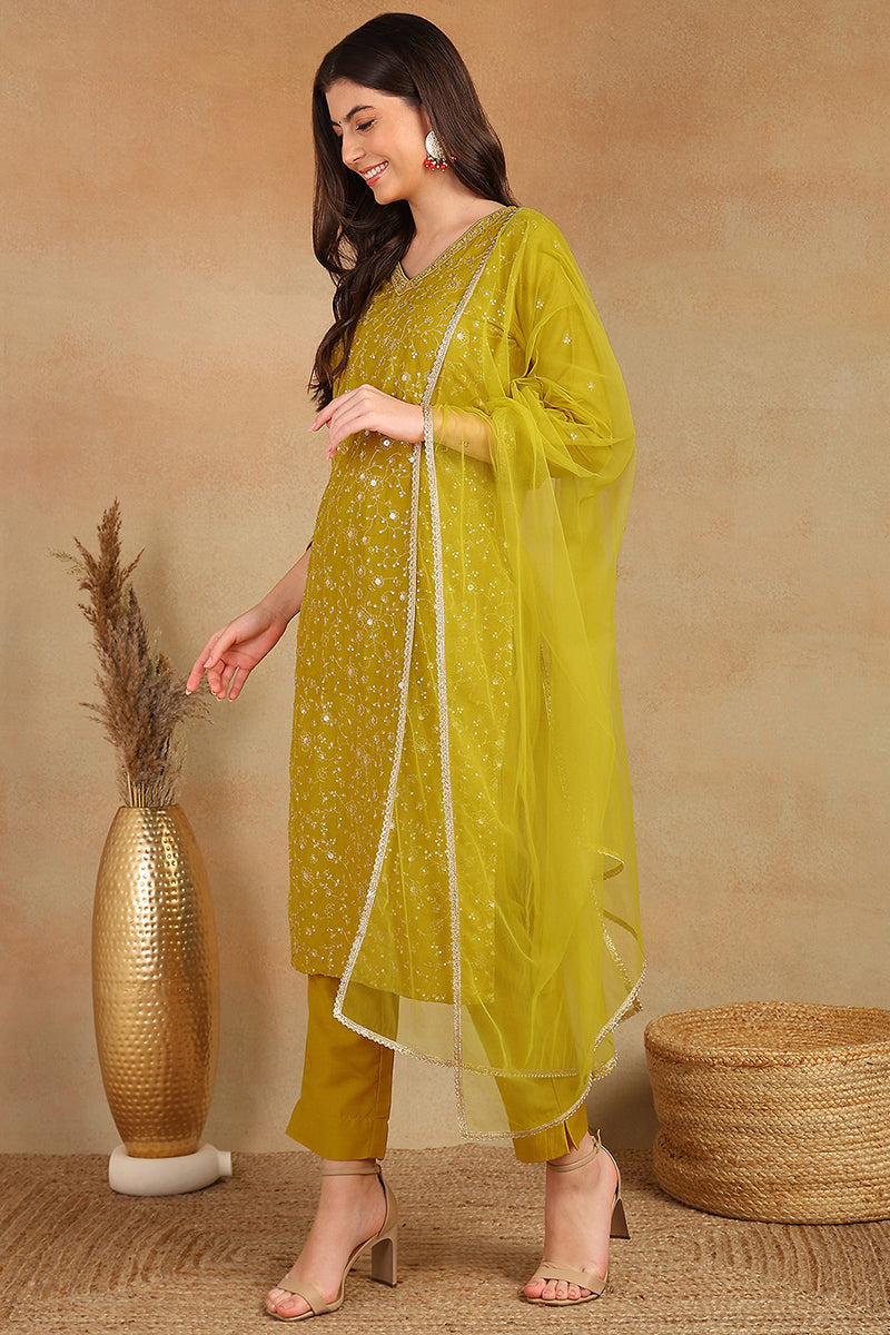 Mustard Yellow Silk Blend Solid Embroidered Straight Suit Set PKSKD2434