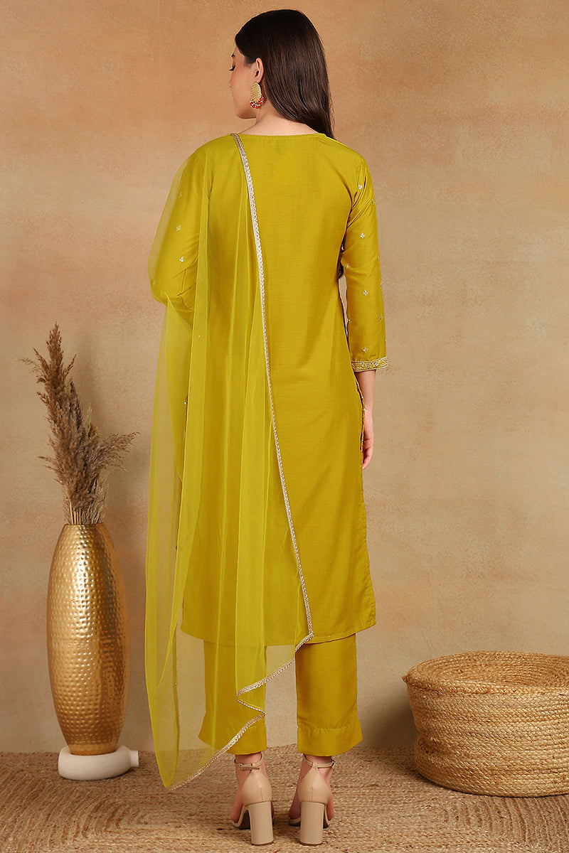 Mustard Yellow Silk Blend Solid Embroidered Straight Suit Set PKSKD2434