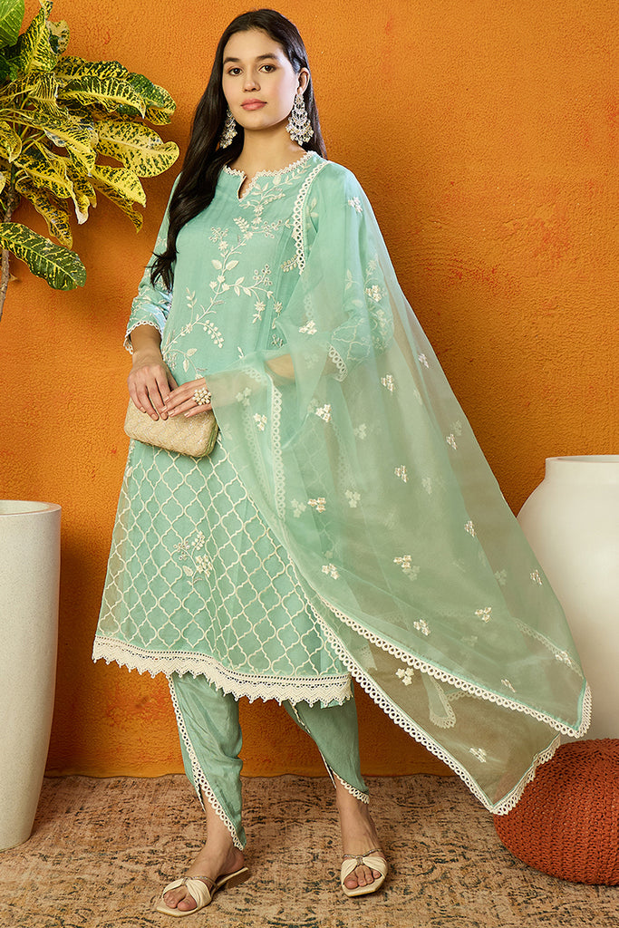 Sea Green Organza Solid Embroidered A-Line Dhoti Style Suit Set PKSKD2 Ahika Sea Green Organza Solid Embroidered A-Line Dhoti Style Suit Set PKSKD2 Ahika
