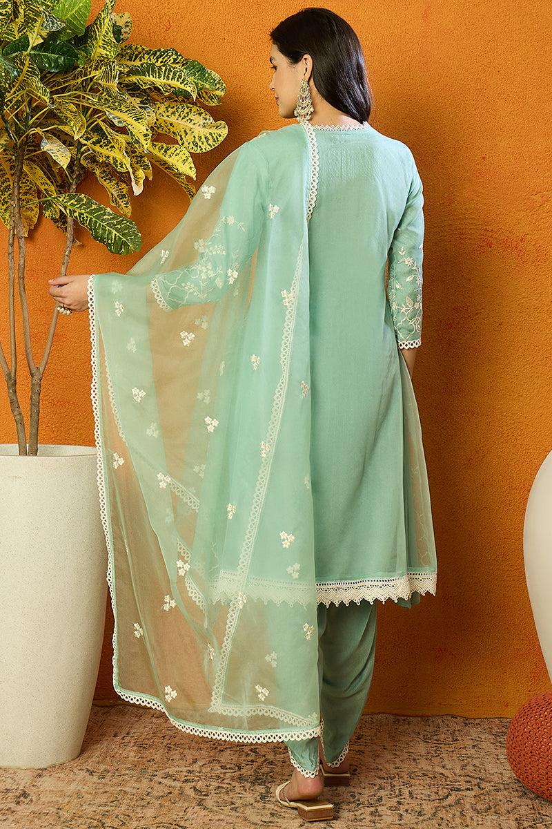 Sea Green Organza Solid Embroidered A-Line Dhoti Style Suit Set PKSKD2438