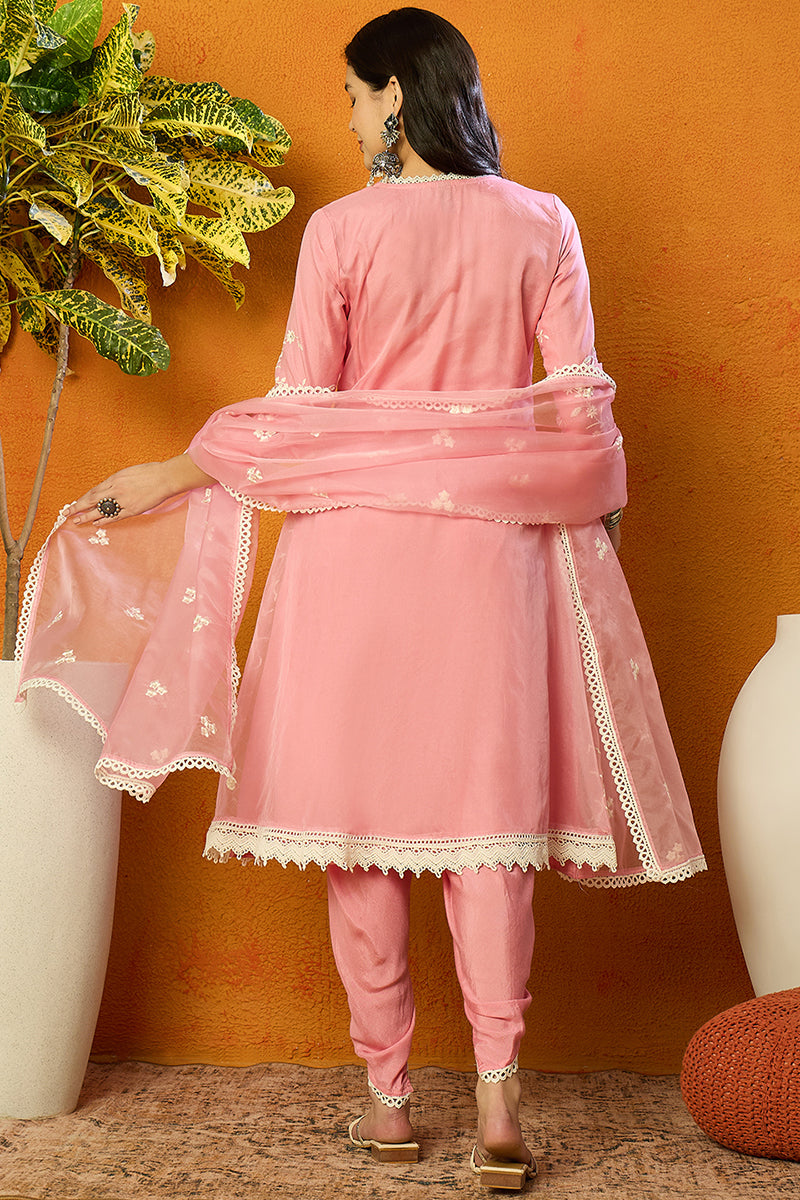 Pink Organza Solid Embroidered A-Line Dhoti Style Suit Set PKSKD2439