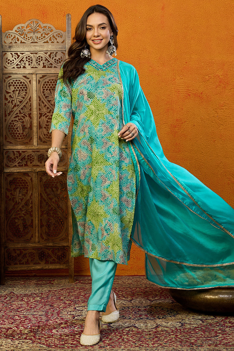 Blue Cotton Blend Bandhani Printed Straight Suit Set PKSKD2441