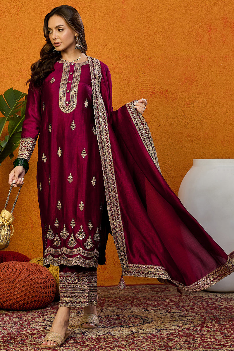 Maroon Silk Blend Solid Embroidered Straight Suit Set PKSKD2442