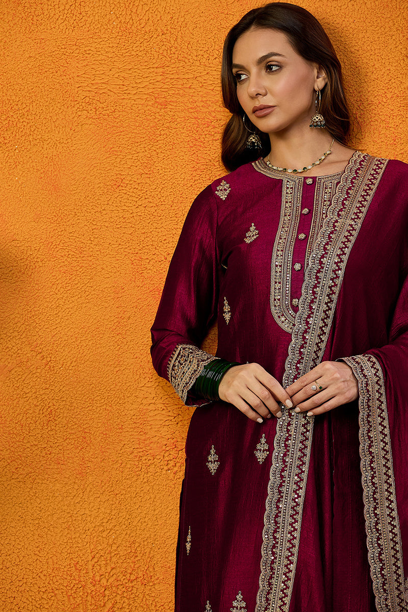 Maroon Silk Blend Solid Embroidered Straight Suit Set PKSKD2442