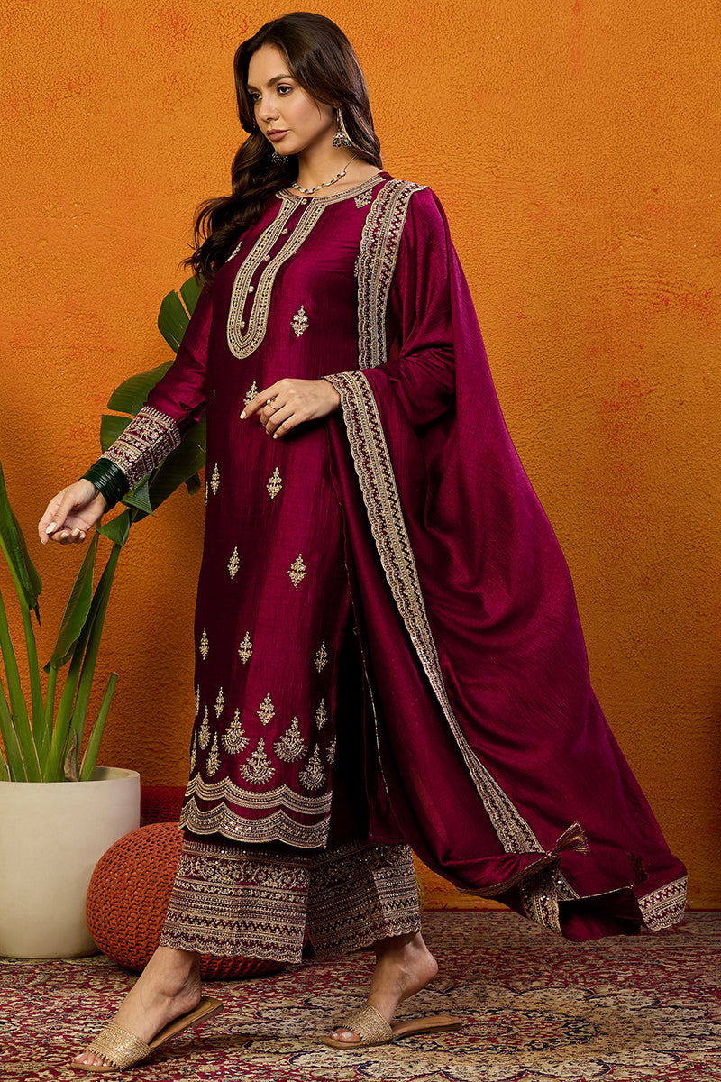 Maroon Silk Blend Solid Embroidered Straight Suit Set PKSKD2442