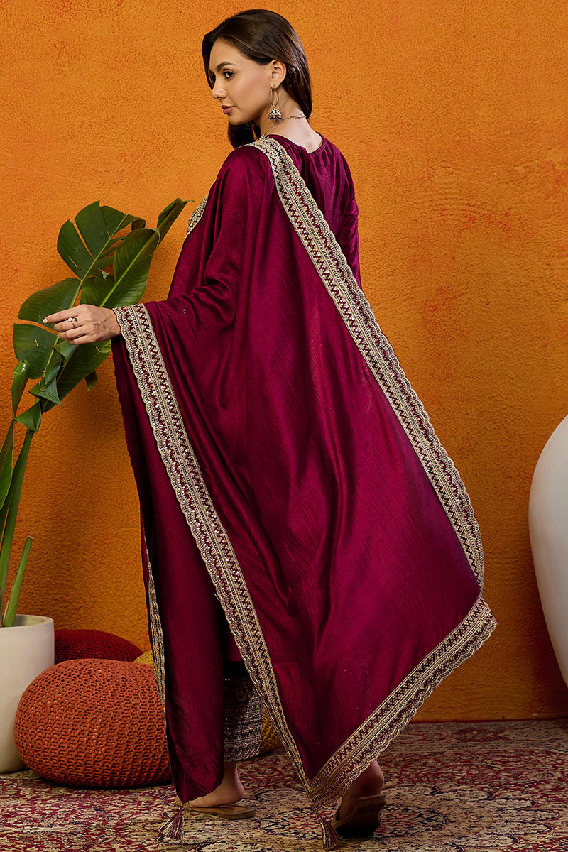 Maroon Silk Blend Solid Embroidered Straight Suit Set PKSKD2442