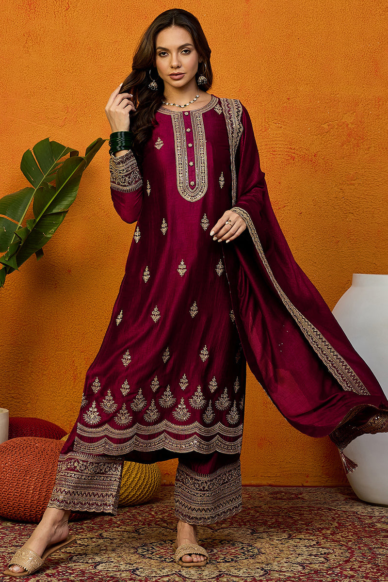 Maroon Silk Blend Solid Embroidered Straight Suit Set PKSKD2442