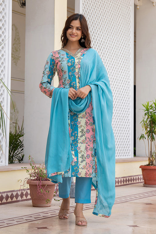 Multi Color Rayon Blend Floral Printed Straight Suit Set PKSKD2461