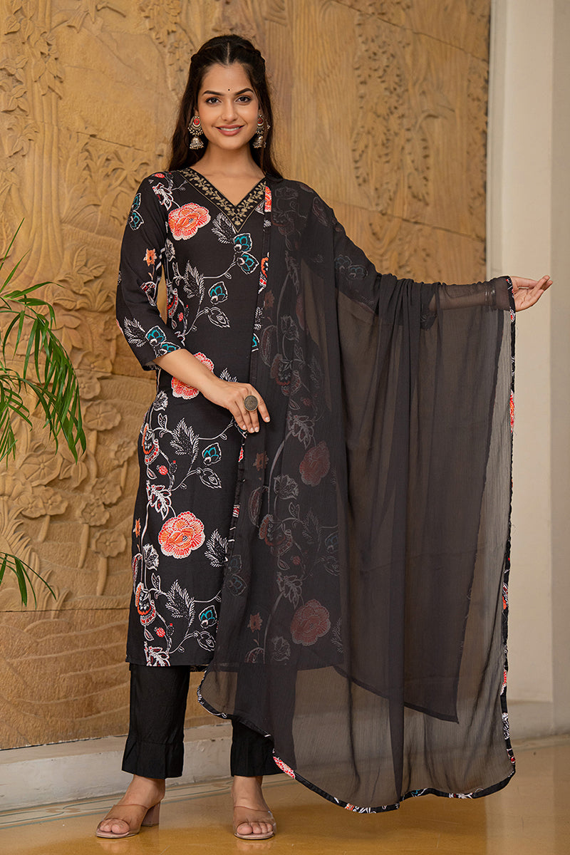 Black Rayon Blend Floral Printed Straight Suit Set PKSKD2466