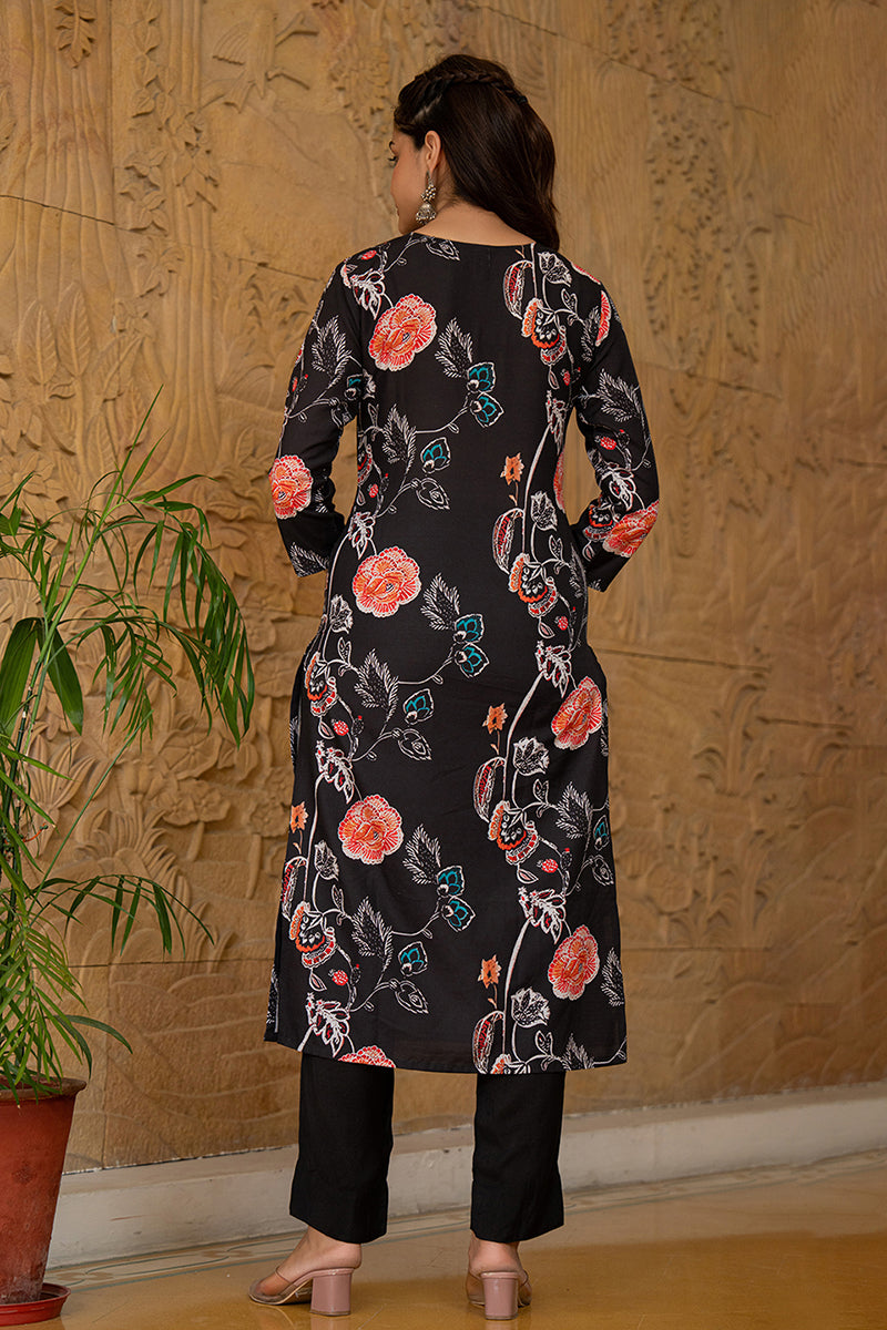 Black Rayon Blend Floral Printed Straight Suit Set PKSKD2466