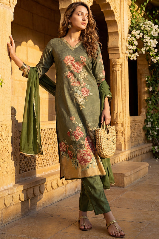 Olive Rayon Blend Floral Printed Straight Suit Set PKSKD2468