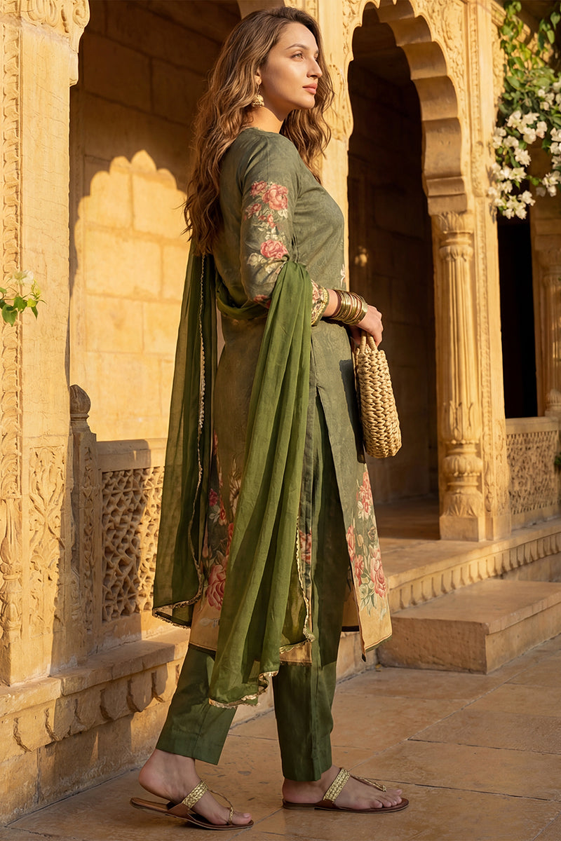 Olive Rayon Blend Floral Printed Straight Suit Set PKSKD2468