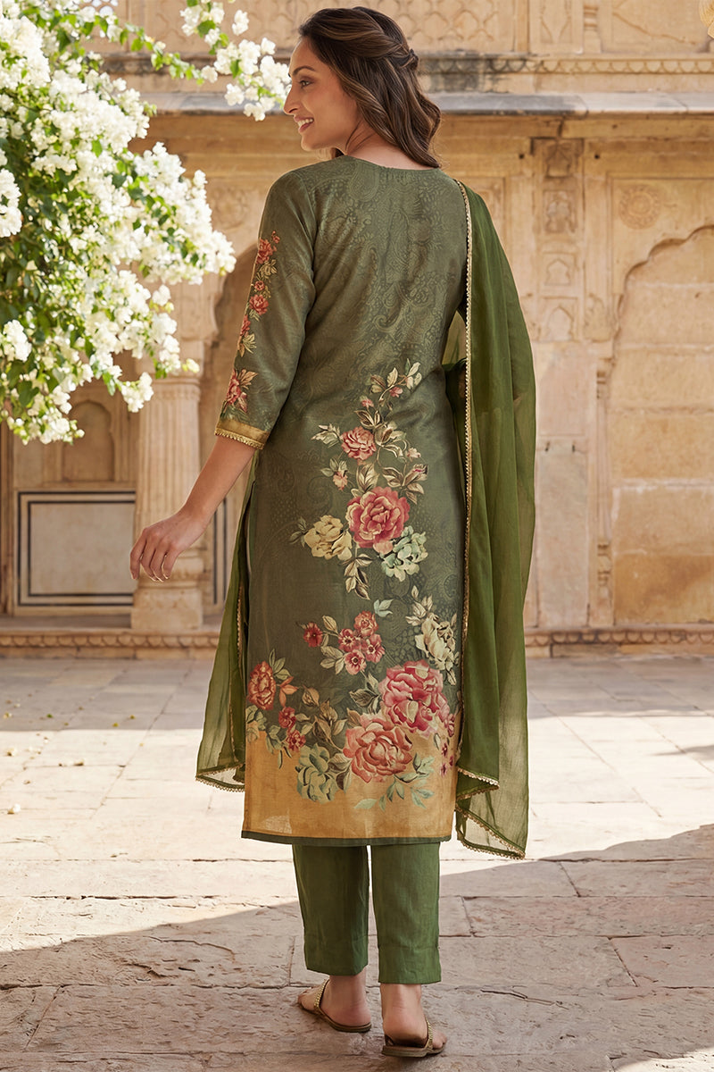 Olive Rayon Blend Floral Printed Straight Suit Set PKSKD2468