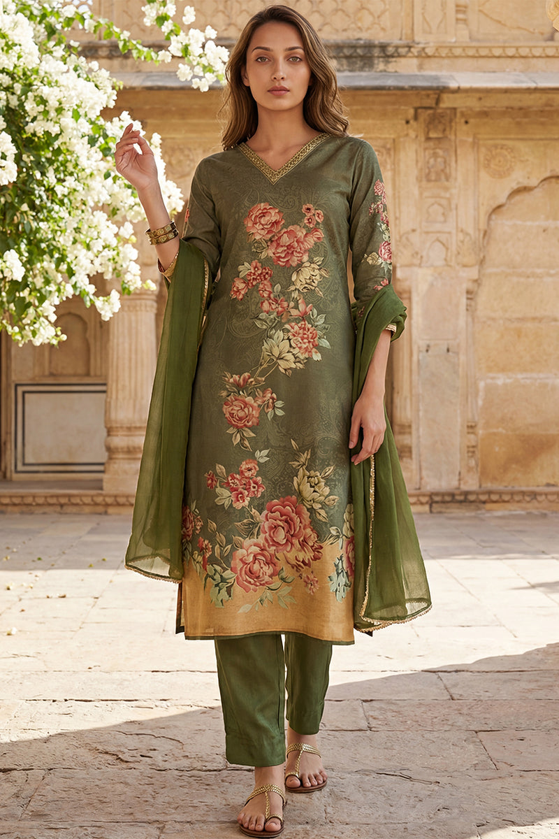 Olive Rayon Blend Floral Printed Straight Suit Set PKSKD2468