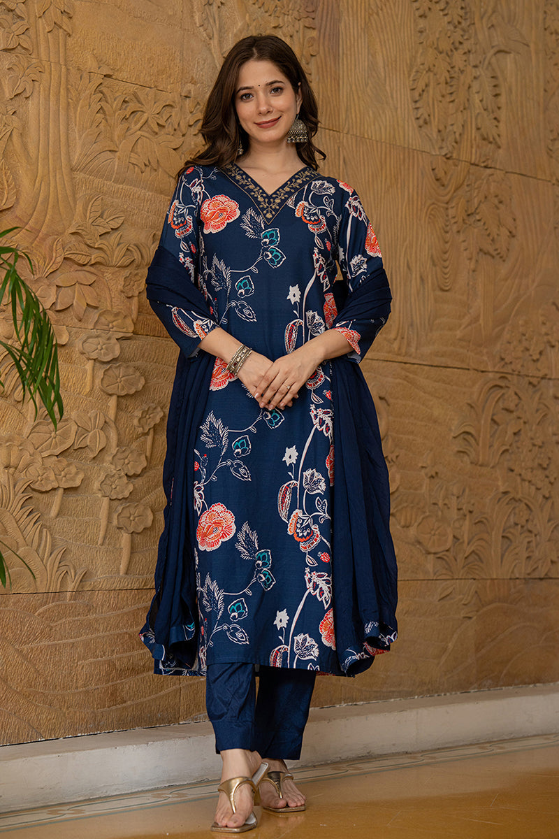 Blue Rayon Blend Floral Printed Straight Suit Set PKSKD2469