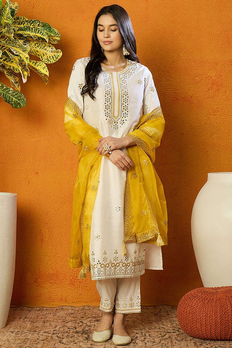 White Silk Blend Solid Embroidered Straight Suit Set PKSKD2471