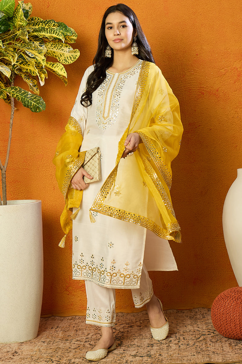 White Silk Blend Solid Embroidered Straight Suit Set PKSKD2471