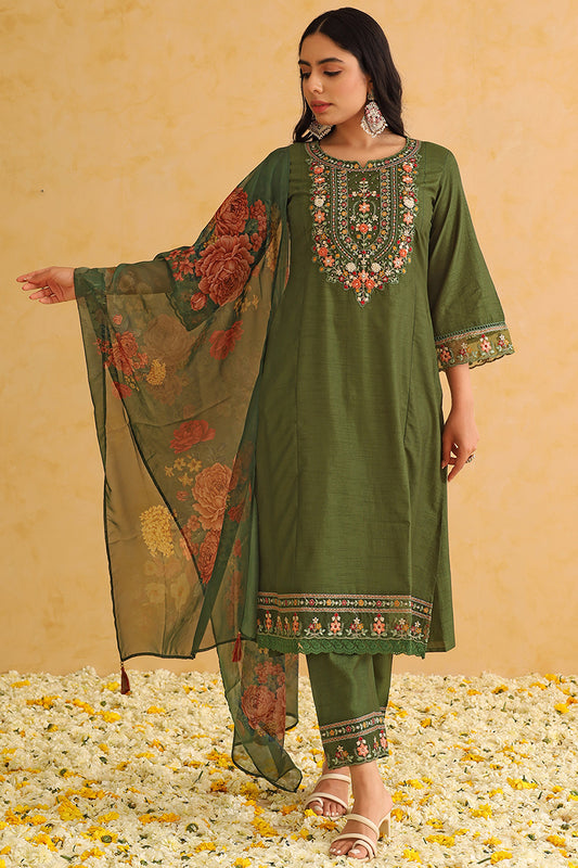 Green Silk Blend Solid Embroidered Straight Trouser Suit Set PKSKD2473