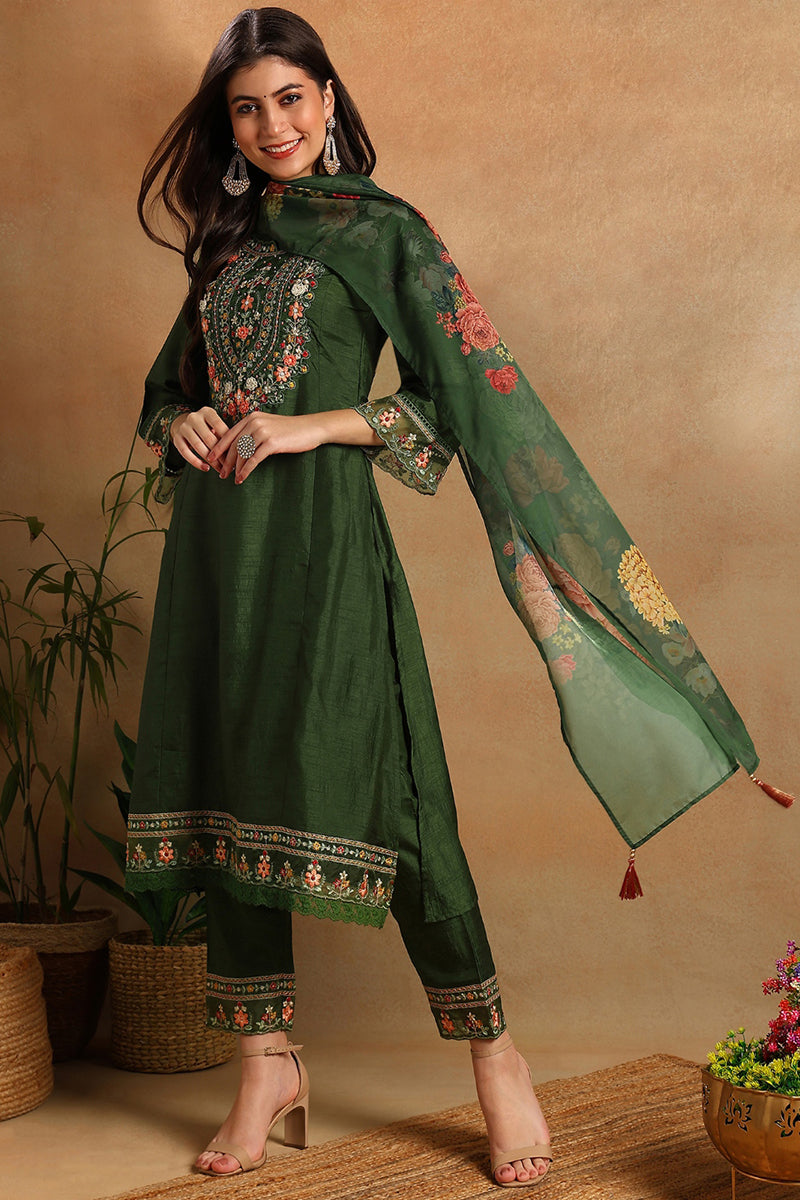 Green Silk Blend Solid Embroidered Straight Trouser Suit Set PKSKD2473