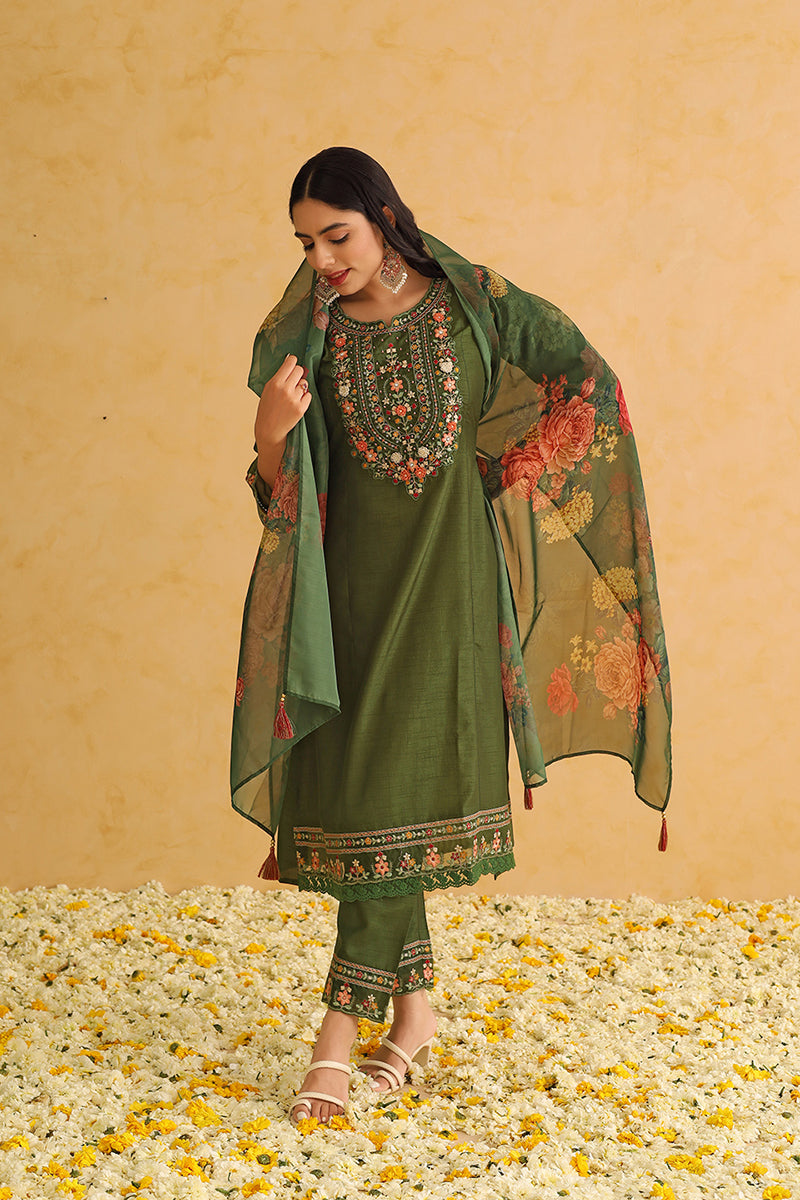 Green Silk Blend Solid Embroidered Straight Trouser Suit Set PKSKD2473