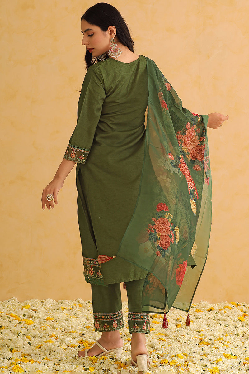 Green Silk Blend Solid Embroidered Straight Trouser Suit Set PKSKD2473