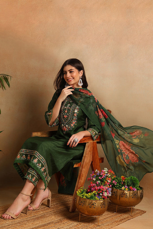 Green Silk Blend Solid Embroidered Straight Trouser Suit Set PKSKD2473