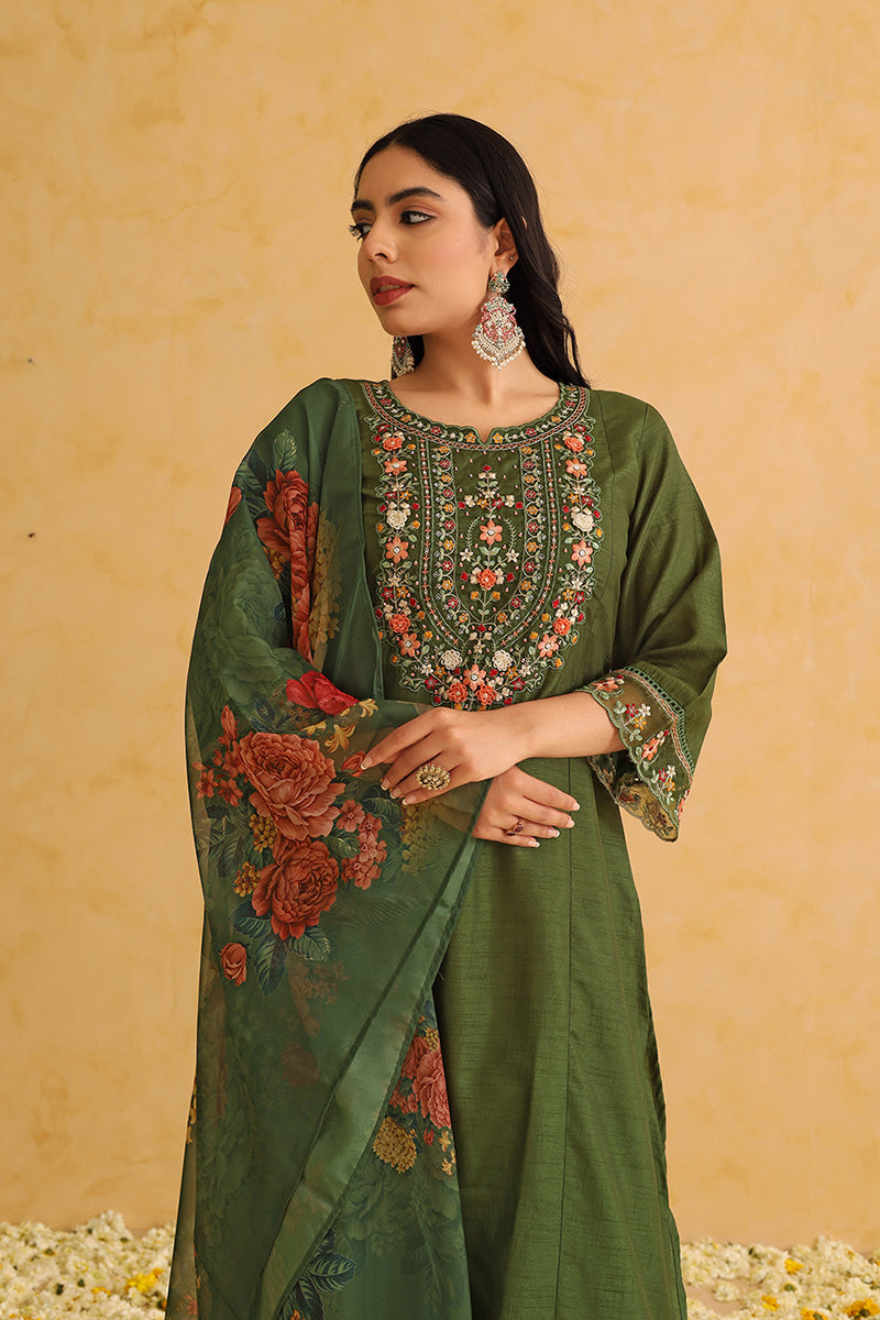 Green Silk Blend Solid Embroidered Straight Trouser Suit Set PKSKD2473